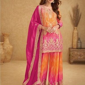 Vibrant Pink and Orange Women's Indian outfit with palazzo